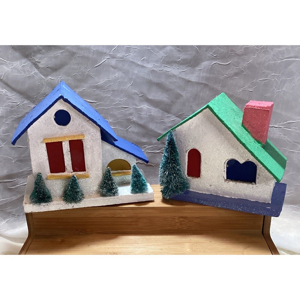 Putz Houses Large Cardboard & Glitter with Brush Trees Green & Blue Roof Japan